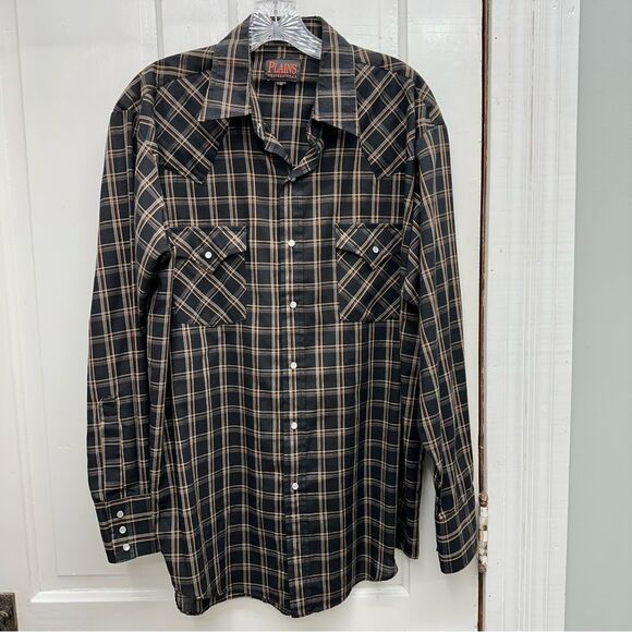 Plains western wear pearl snap button down long sleeve shirt men's large - Picture 1 of 5